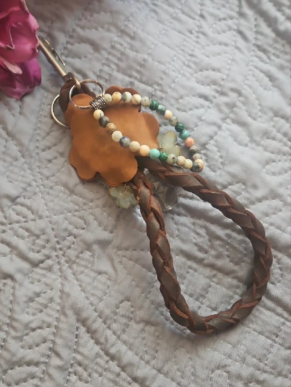 Hand Crafted Genuine Leather Hand Braided Beaded Tassel Keychain Purse Charm NEW